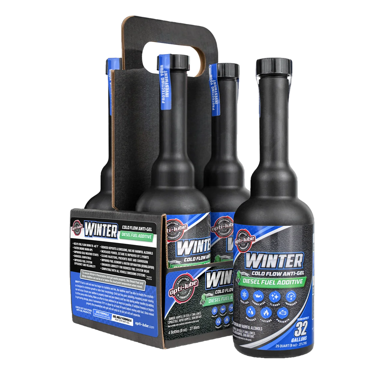 Opti-Lube Winter Anti-gel Diesel Fuel Additive: 8oz 4 Pack of Long Neck Bottles, Treats Up To 32 Gallons Per 8oz Bottle Opti-Lube Winter Anti-gel Diesel Fuel Additive: 8oz 4 Pack of Long Neck Bottles, Treats Up To 32 Gallons Per 8oz Bottle
