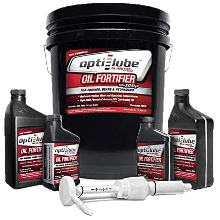 Opti-Lube Oil Fortifier with ZDDP (Zinc): 5 Gallon Pail with Accessories (1 Hand Pump, 2 Empty 16oz Bottles, 2 Empty 8oz Bottles), Treats up to 640 Quarts of Oil