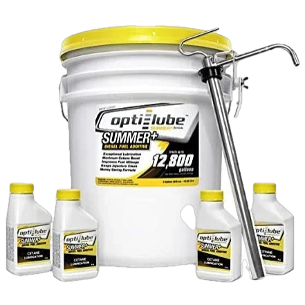 Opti-Lube Summer Lube +Cetane  Diesel Fuel Additive: 5 Gallon Pail with 1 Heavy Duty Metal Pail Pump and 4 Empty 4oz Bottles. Treats up to 12,800 Gallons