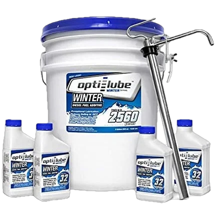 Opti-Lube Winter Anti-gel Diesel Fuel Additive: 5 Gallon Pail with Heavy Duty Pail Pump, 4 Empty 8oz Bottles, Treats up to 2,560 Gallons