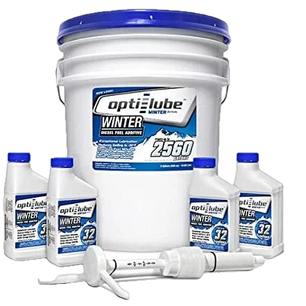 Opti-Lube Winter Anti-gel Diesel Fuel Additive: 5 Gallon Pail with Accessories, (1 Plastic Hand Pump & 4 Empty 8oz Bottles) Treats up to 2,560 Gallons of Diesel Fuel