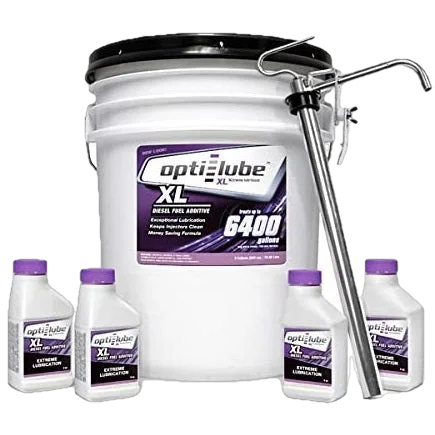 Opti-Lube XL Xtreme Lubricant Diesel Fuel Additive: 5 Gallon Pail with 1 Heavy Duty Metal Pail Pump & 4 Empty 4oz Bottles. Treats up to 6,400 Gallons