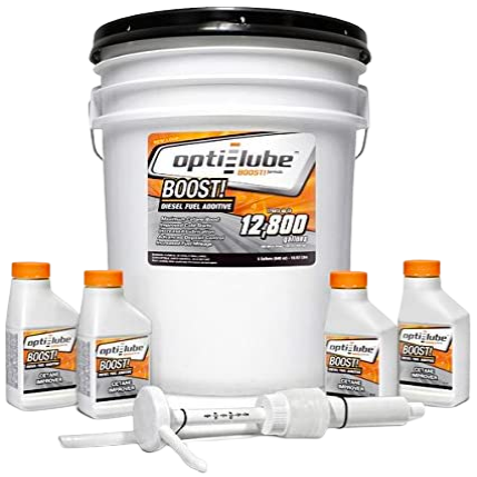 Opti-lube Boost! Maximum Cetane Formula Diesel Fuel Additive: 5 Gallon with Accessories (5 Gallon Pail Pump and 4 Empty 4oz Bottles) Treats up to 12,800 Gallons